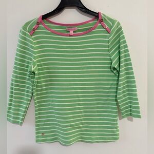 *EUC* Lilly Pulitzer Green and Pink Boatneck 100% Cotton 3/4 Sleeve tee